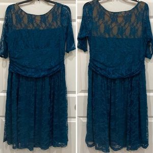 Kiyonna 2 2X lace overlay teal blue with lace sheer sleeves tan / nude lining